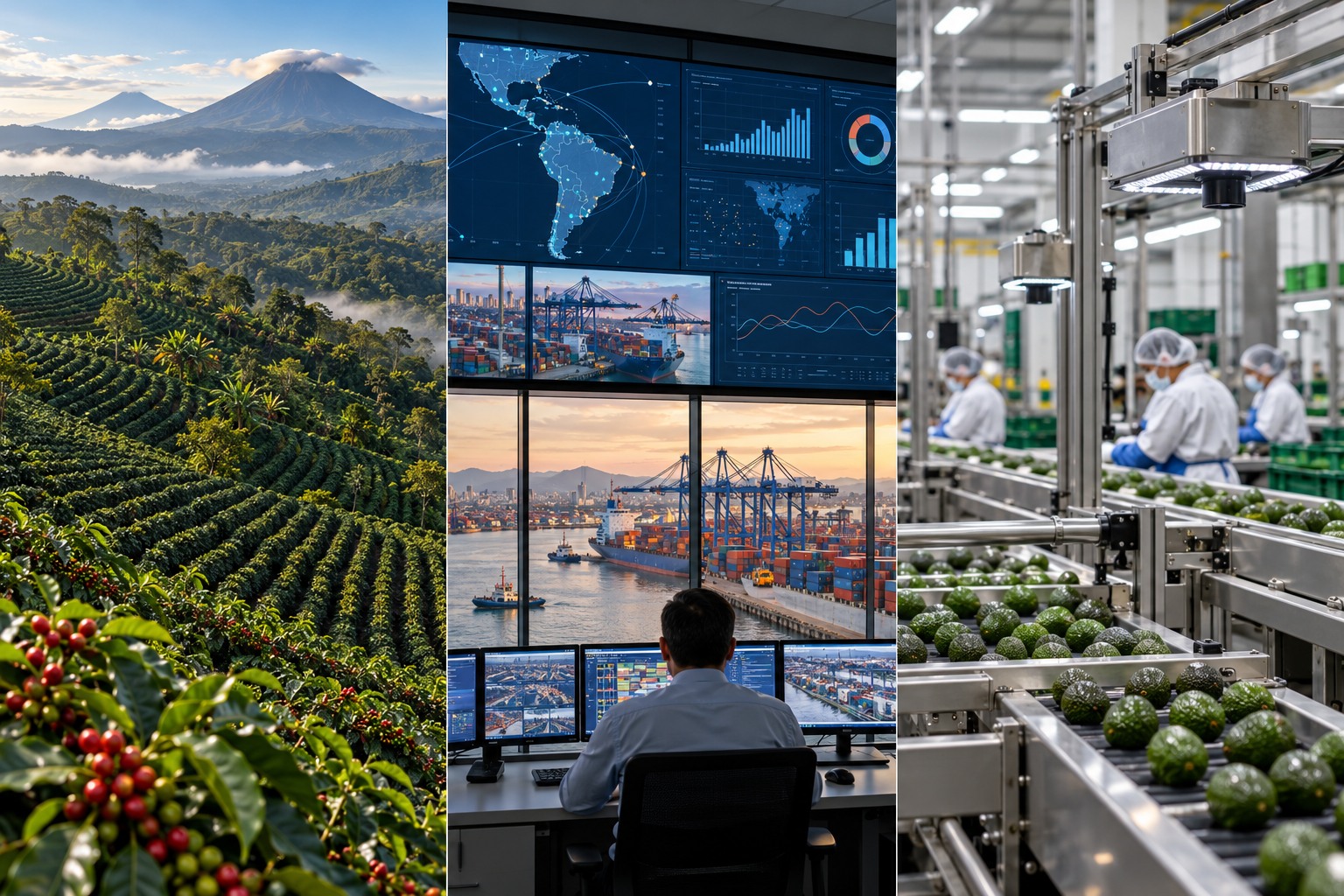 Análisis: cafetales vistos desde el aire, puerto y control de calidad industrial.